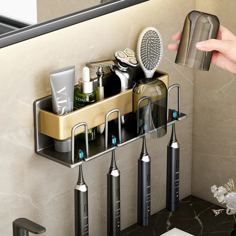 Aluminum Punch Free Wall Mounted Electric Toothbrush Holder Toothpaste Cup Storage Hook Bathroom Accessories Organizer Hot Sale