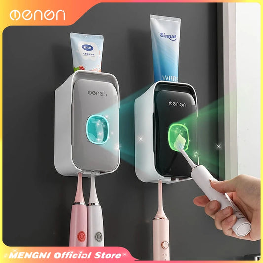 MENGNI Automatic Toothpaste Dispenser, Toothpaste Squeezer, Punch-Free, Toothbrush Holder, Rack, Bathroom Accessories